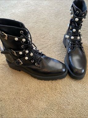 Zara Black Pearl-Accent Lace-Up Combat Boots